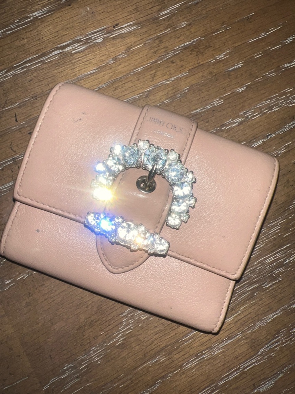 Jimmy Choo Blush Pink Crystal Buckle Leather Wallet